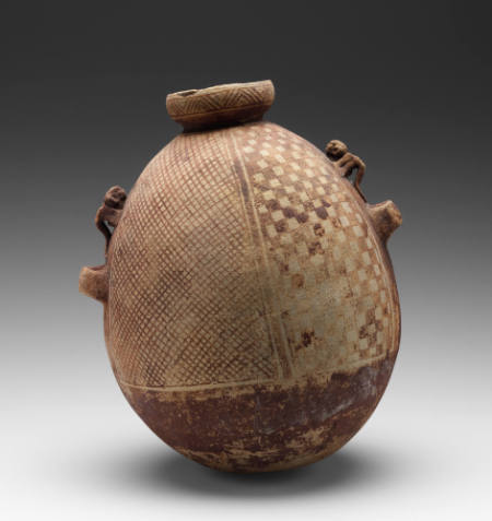Vessel with red-checkered pattern