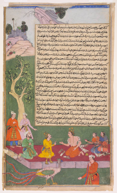 Page from a Razmnama (Book of Wars, or Mahabharata) manuscript: Krishna Meets with King Yudhisthira; Garuda Arrives to Transport Krishna and His Companions, the Ladies Kunti and Subhadra