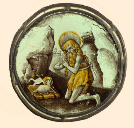 Silver stained glass roundel depicting St. John the Baptist Worshipping the Lamb
