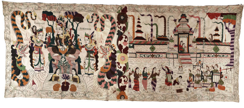 Rectangular hanging (tabing) depicting Arjuna’s wedding (Arjuna wiwaha) and temple scene, from the Mahabharata