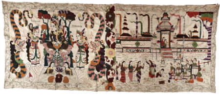 Rectangular hanging (tabing) showing Arjuna Wiwaha (Arjuna's Meditation),  from the Mahabharata, and rituals, dance and a gamelan
