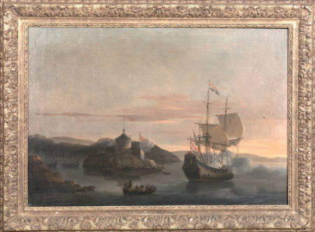 Dutch ship firing cannon amid men in rowboats near a small fort (thought to be an outpost on the Red Sea)
