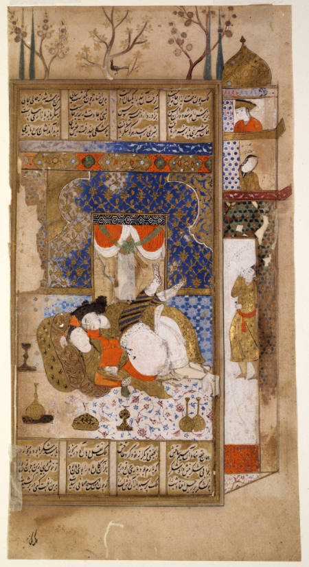 Khusrau sleeps with Shekar’s maid, page from a Khamsa of Nizami