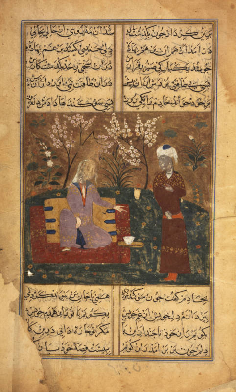 Held captive in China, Gul tells her story to Kafur, page from a Khusraunama of Attar
