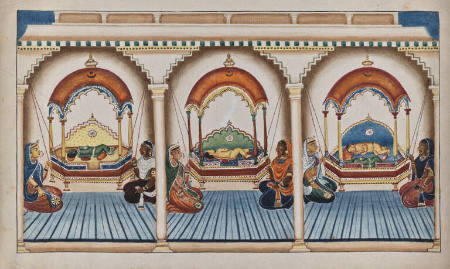 The Infants Rama, Lakshmana, Krishna, and Balarama in Their Cradles Attended by Maids