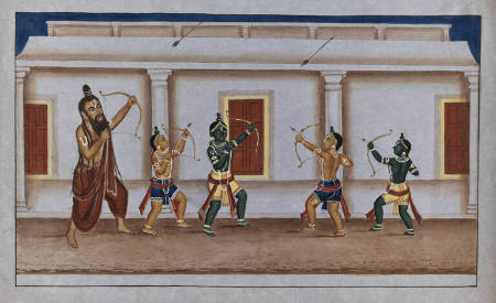Rama and Lakshmana (Shown Twice) with Their Guru Shooting Arrows