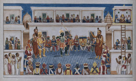 Ramlila Performance: Rama, Lakshmana, and Their Guru Shoot an Arrow in the Courtyard of a Private House; The Populace Attends, including the Demon Ravana