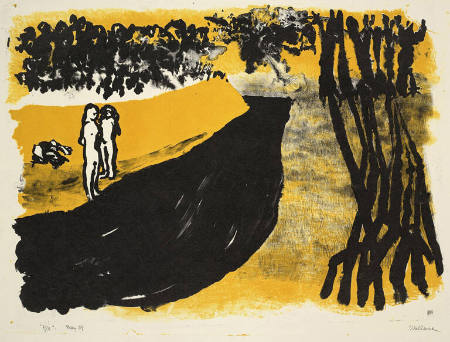 Two Nude Figures in Yellow and Black Landscape