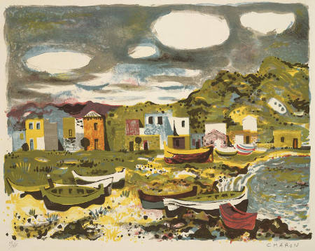 Untitled (inlet with boats and houses)