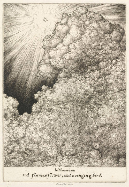 In Memoriam, a flame, a flower, and a singing bird