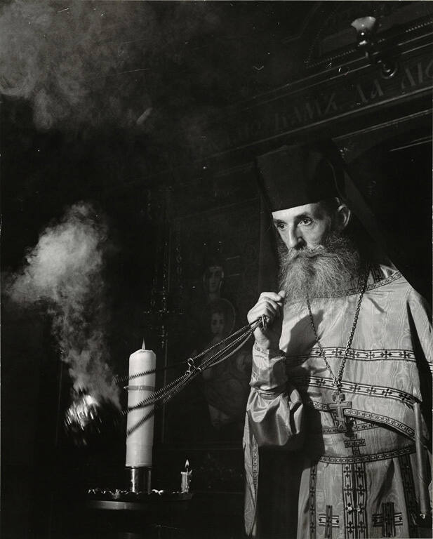 [Jesuit Father John Ryder, trained in the Byzantine rite, conducting service in St. Andrews Church, Los Angeles, California]