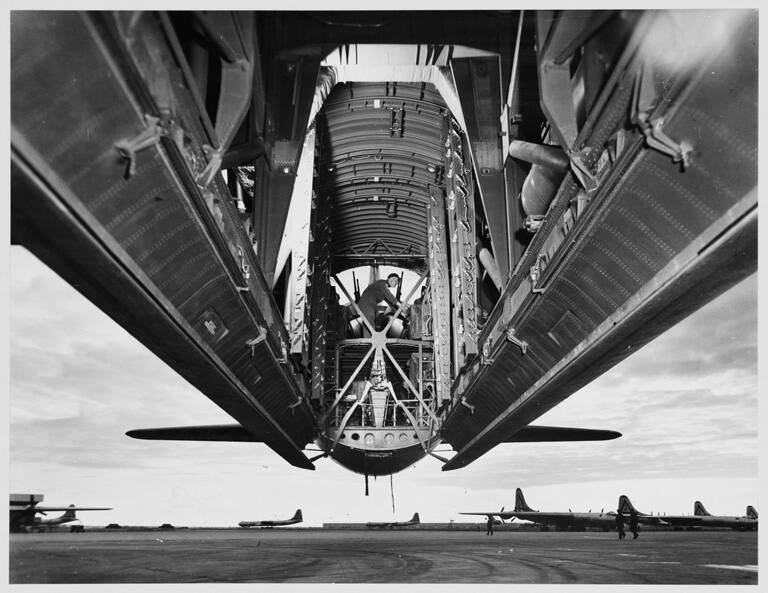 [Bomb bay of a B-36 bomber, Carswell Field, Forth Worth, Texas]