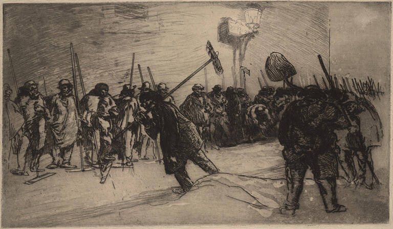 La Neige (Snow-pushers working by lamplight in Paris)