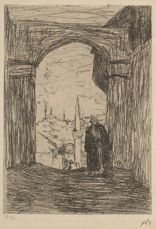 Untitled (man standing in archway; view of town)