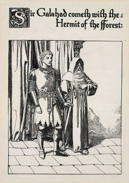 Sir Galahad cometh with the Hermit of the Forest, for The Story of the Grail and the Passing of Arthur, by Howard Pyle (New York: Charles Scriber's Sons, 1910)