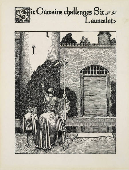 Sir Gawaine Challenges Sir Lancelot, for The Story of the Grail and the Passing of Arthur, by Howard Pyle (New York: Charles Scribner's Sons, 1910)