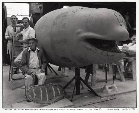 Chris Mueller, Gunnar Ferdinandsen, and Werner Binczek with clay killer whale mock-up for film; "Jaws 2", staff department, from Studio Still Lifes portfolio