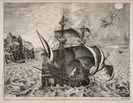 Ship with Three Masts Armed with Four Side Guns Sailing to the Starboard (with the Fall of Icarus)