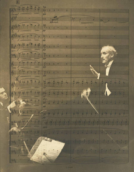 [Photograph of Toscanini overlaid with musical score]