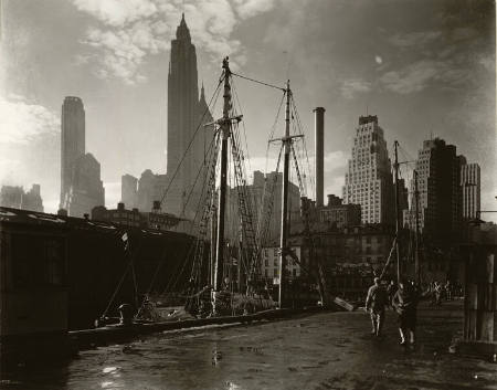 Fulton Street dock: Manhattan skyline, from Pier 17, November 26, 1935