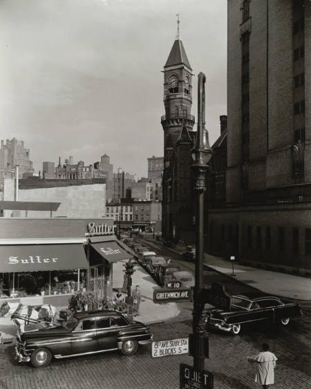 [Greenwich Avenue and 10th Street, with view of Jefferson Market Court House]