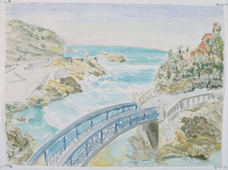 Brücke zwischen Felsen [Bridge between rocky slopes]