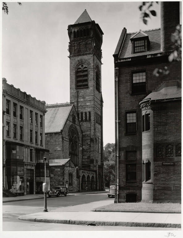 [First Baptist Church stone tower]