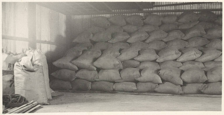 Bags of guano. On left bags of whale bone, plate 49 from the series Whaling Fishing/The Blacksod Bay Whaling Co. Ltd.