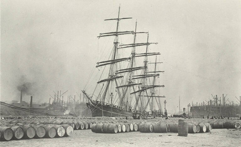 Oil arrives at one of the big ports either in barrels or in bulk, plate 51 from the series Whaling Fishing/The Blacksod Bay Whaling Co. Ltd.