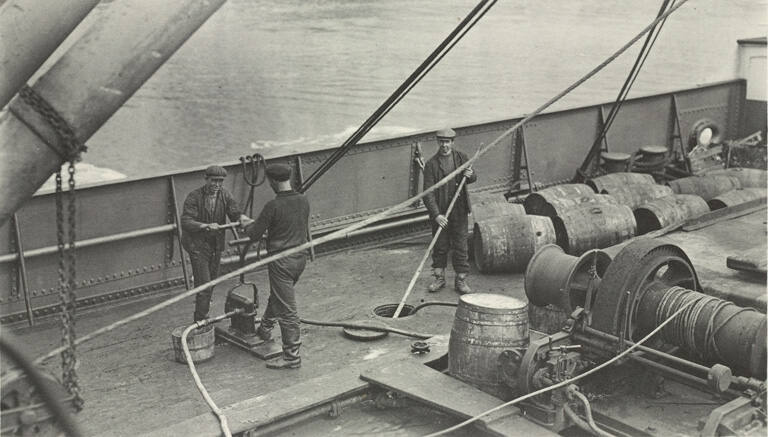 If in bulk, the oil is pumped into a tank on shore, plate 52 from the series Whaling Fishing/The Blacksod Bay Whaling Co. Ltd.