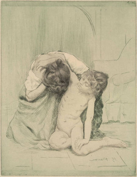 Untitled [Woman kneeling on the floor holding a child]