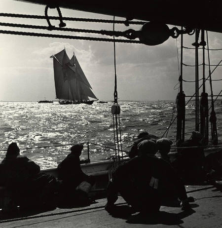 Schooner Bluenose, Schooner Gertrude L. Thebaud to Starboard. Last Race - Fisherman's Schooner off Boston. Bluenose Won