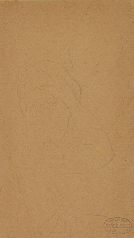 Two sketches of a woman on a single sheet: hand raised to head (seen from behind), and face