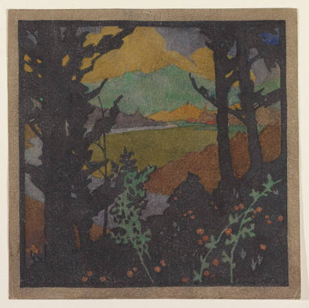 California Landscape, River and Hills (study for a woodcut)