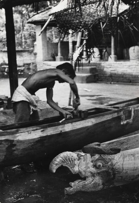 Craftsman at work on fishing boat, Samur, Bali