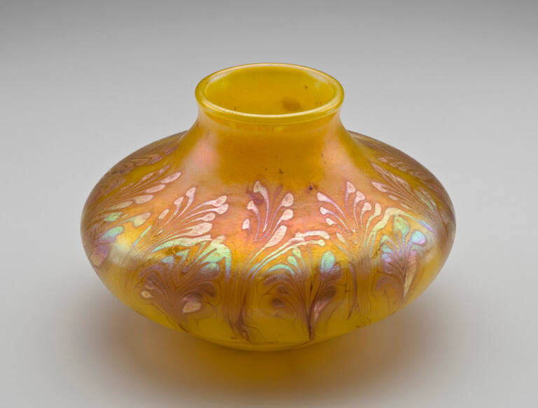 Vase, bulb, yellow with iridescent floral design