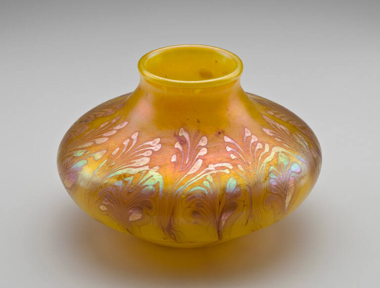 Vase, bulb, yellow with iridescent floral design