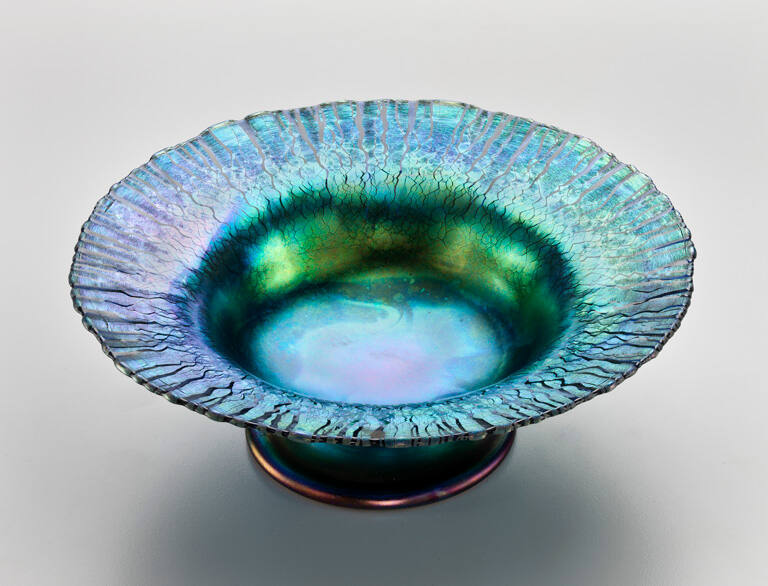 Blue Bowl with Green Iridescent Tones, Coarse Crackle