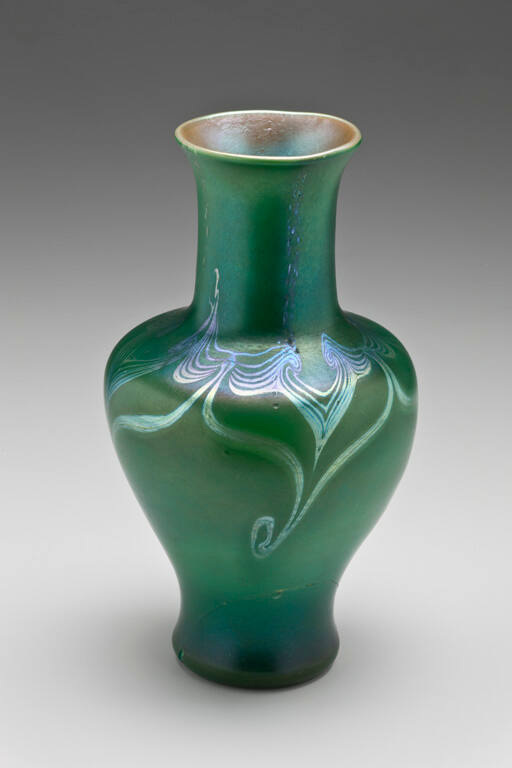 Vase, Green Crackle, Iridescent Design On Shoulder