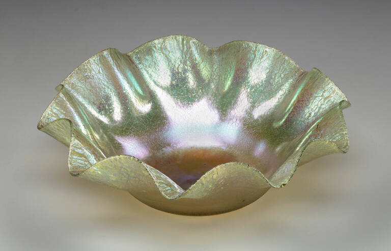 Bowl, shallow, thin, fluted, iridescent with crackle