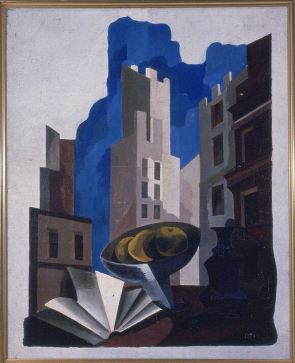 Bowl of Fruits, A Book, A Window Overlooking a City