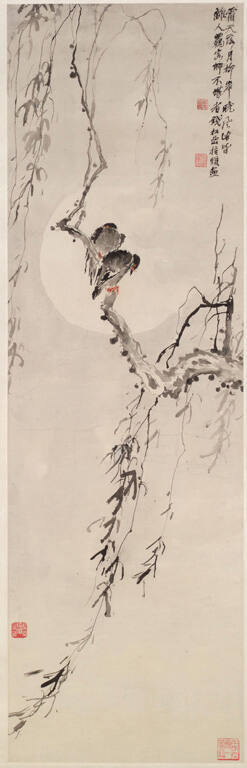 Magpies, willow, and full moon