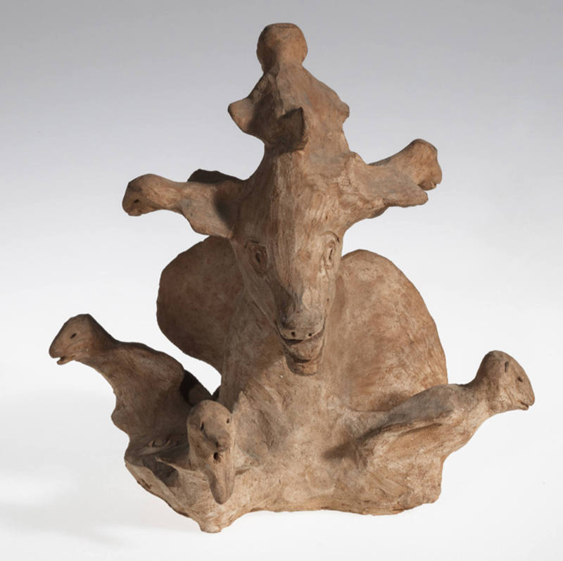 Winged goat or bovine figure with seven birds sprouting from body