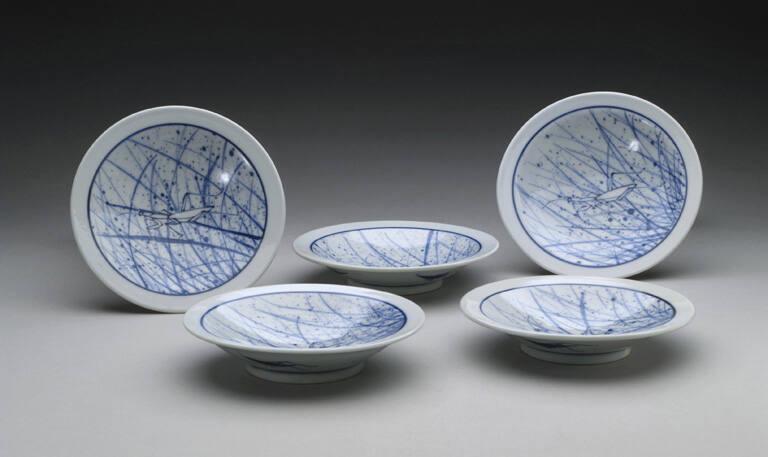 Set of five small dishes painted with the praying mantis image