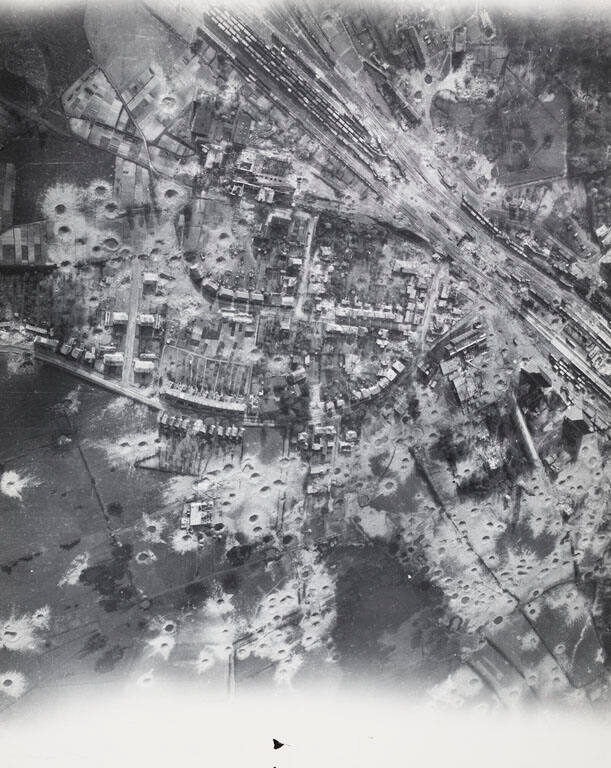 [Face of the Moon: Ruined German cities and railroad junction in Bad Oldesloe after Allied attack near Lübeck]