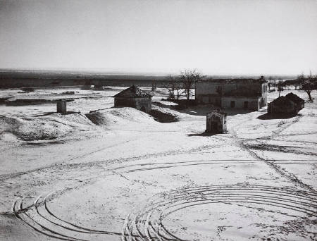 [Romania: Buildings of old fort on Bessarabian side of railroad bridge across Dniester River past Russian sentries on the Russian side of the river]