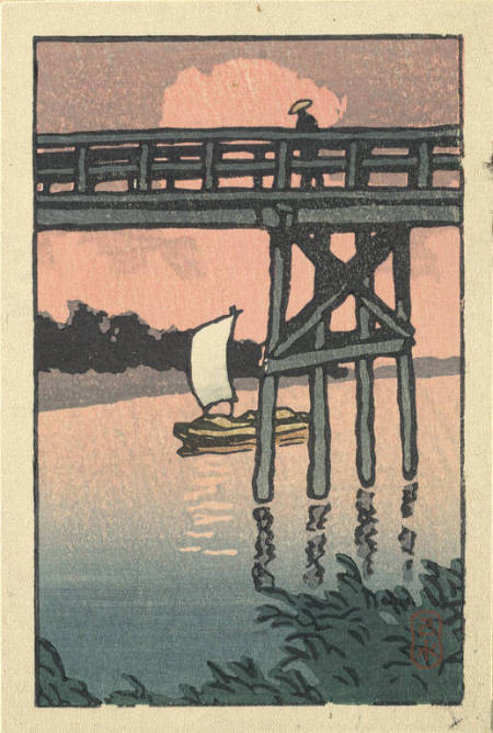 Boat and Bridge at Sunset