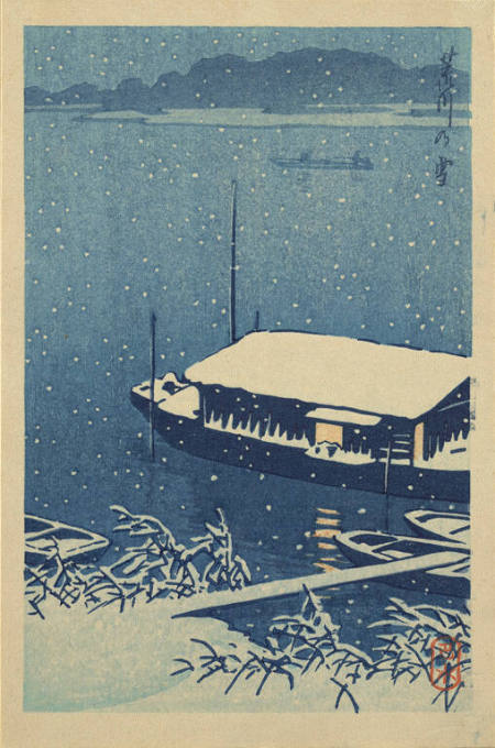 Boat on River in Snow and Moonlight