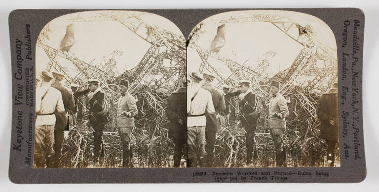 Zeppelin Wrecked and Burned- Ruins Being Inspected by French Troops