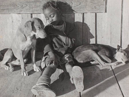 Child with two dogs on a sunny porch, Mississippi